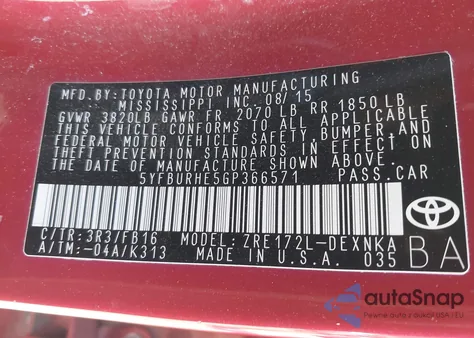 2016 Toyota Corolla Le from USA, damaged, VIN 5YFBURHE5GP366571